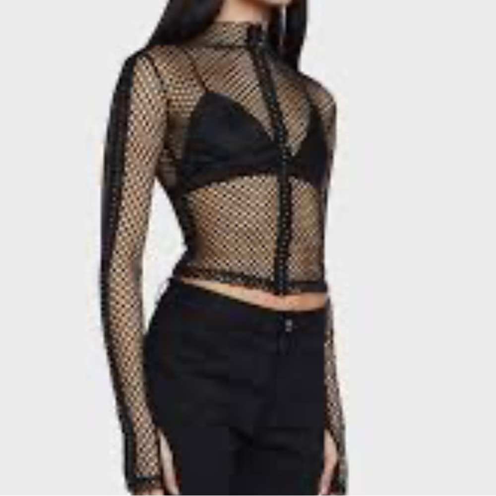 Black Mesh Fishnet Zip-up Top